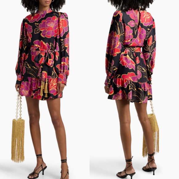 Farm Rio Shiny Chita Long Sleeve Satin Mini Dress Size XS - Picture 1 of 16